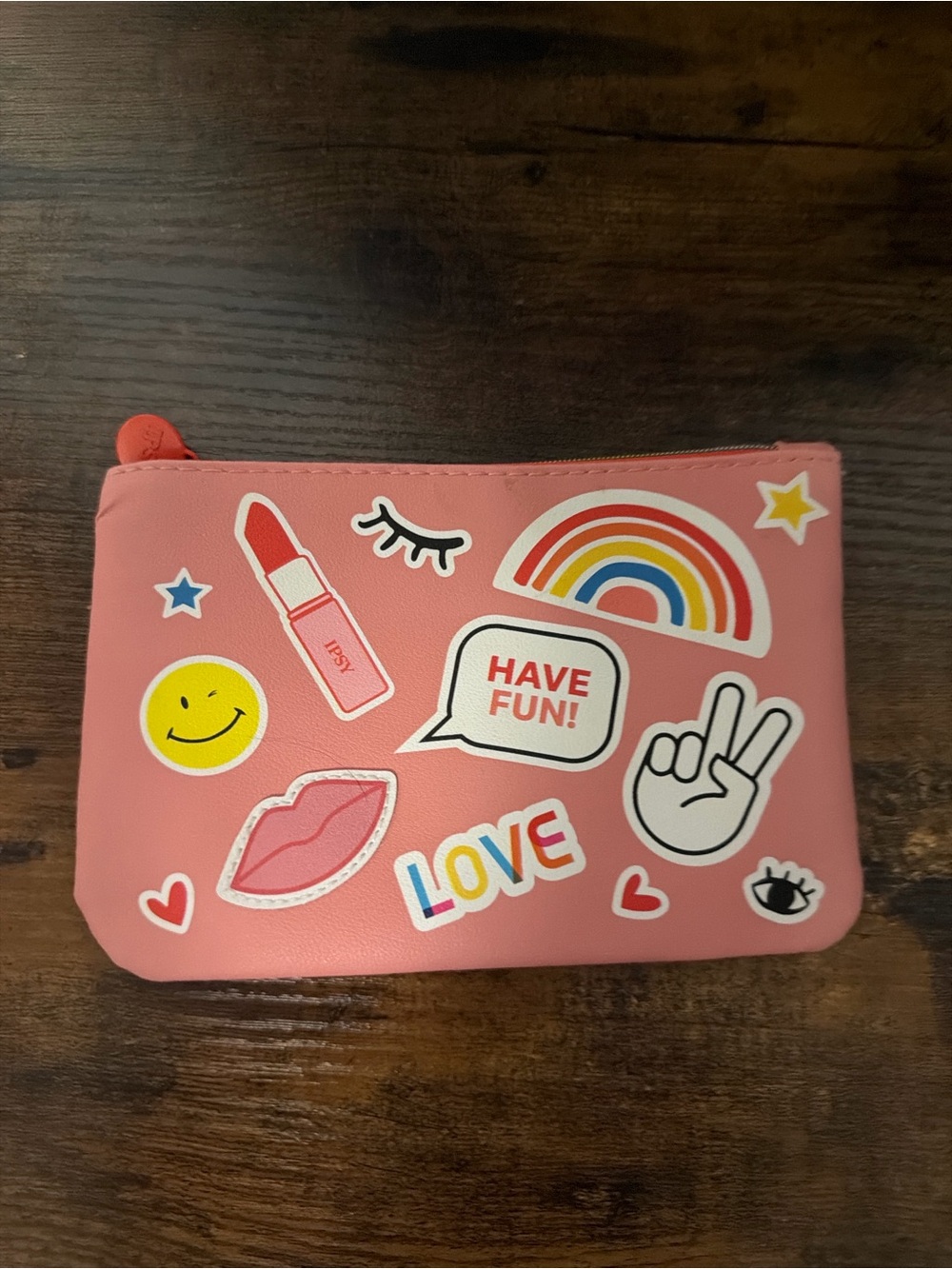 ipsy Pink Sticker Pouch with Rainbow & Lip Motif